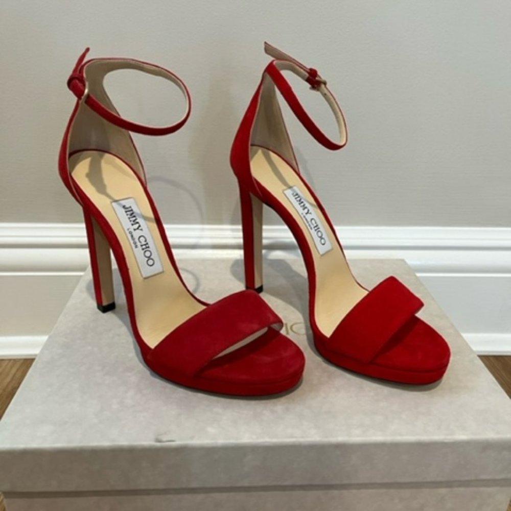 NIB Jimmy Choo “Misty 120” Stiletto in Red Suede. Size 36 1/2